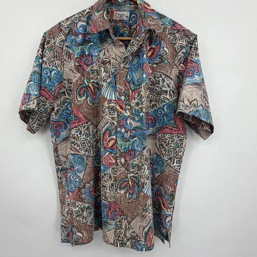 Vintage Reyn Spooner Hawaiian Shirt Mens L Blue Brown Abstract Floral Aloha Made